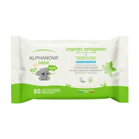 ALPHANOVA LINGETTES A L’HUILE D’OLIVE & ALOE -BIODEGRADABLE – SANS PARFUM – 60u – HYPOALLERGENIQUE