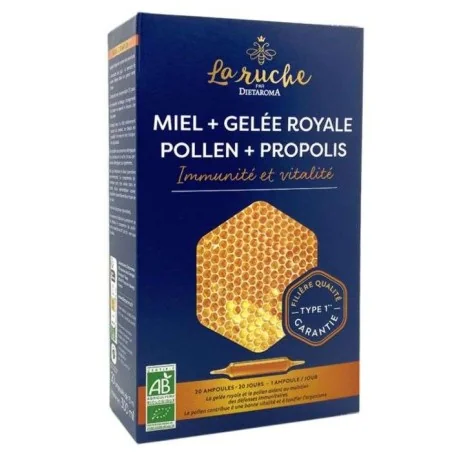 DIETAROMA MERVEILLES DE LA RUCHE BIO (gelée royale bio, propolis bio, pollen bio et miel bio) 20 ampoules de 15 ml