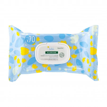 Klorane – Lingettes nettoyantes douces pour le corps au Calendula apaisant – Bébé – Peau normale à sèche 70 u