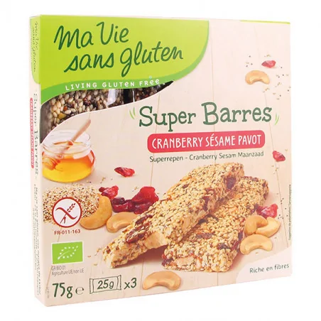 MA VIE SANS GLUTEN BARRES SESAME CRANBERRIES PAVOT SG 75G