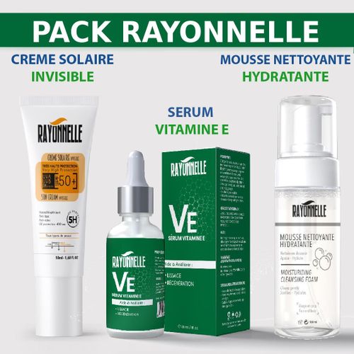 RAYONNELLE PACK : Crème écran solaire invisible spf50+ 50ml + Mousse nettoyante hydratante 150ml + SERUM Vitamine E 30ml