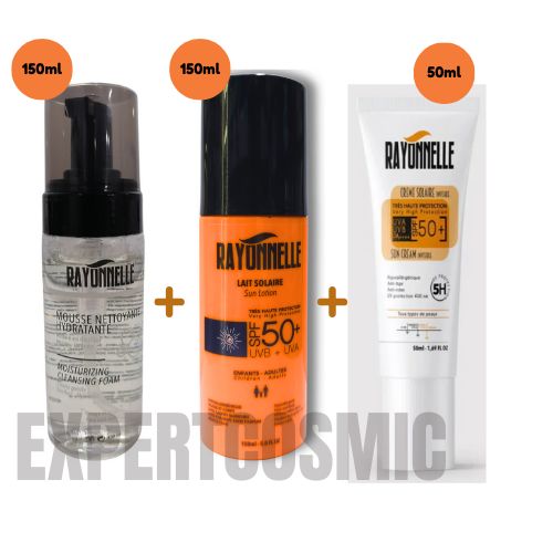 RAYONNELLE Pack 3-en-1 : Crème Solaire + Lait Corps + Mousse Nettoyante – SPF 50+