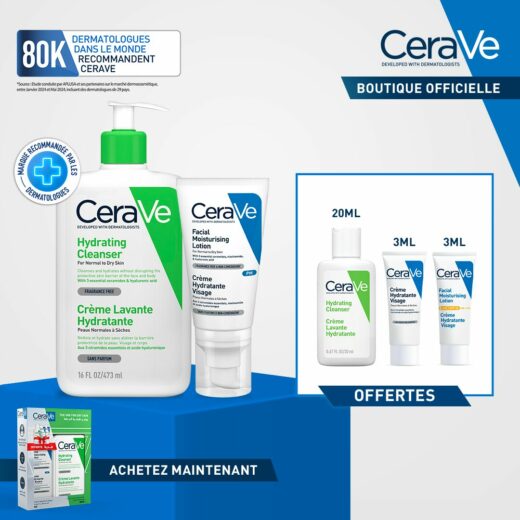 CeraVe Crème Lavante Hydratante Peau Normale à Sèche 473ml + Crème Hydratante = 3 Miniatures Offertes – Couleur naturelle et soin éclatant