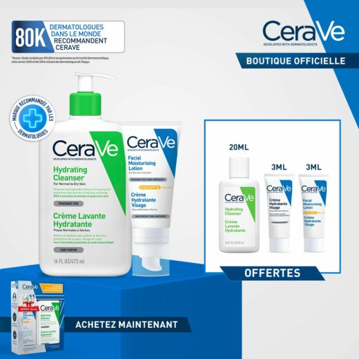 CeraVe Crème Lavante Hydratante Peau Normale à Sèche 473ml + Crème Hydratante Spf50 = 3 Miniatures Offertes – Couleur naturelle et soin éclatant