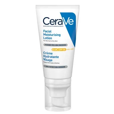 CeraVe crème hydratante visage SPF50 peaux normales à sèches | 52ml – Couleur naturelle et soin éclatant