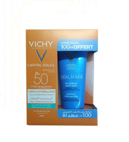Vichy Capital soleil Crème Anti-brillance + Après Soleil 100ml Pack – Couleur naturelle et soin éclatant