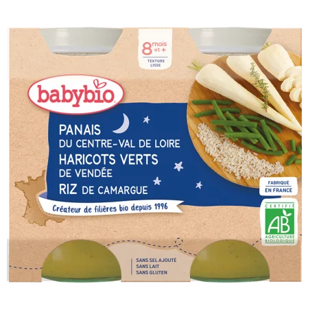 Babybio Panais de Centre-Val de Loire Haricots Verts de Vendée Riz de Camargue 2x200G – Couleur naturelle et soin éclatant