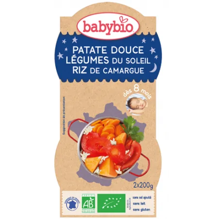 Babybio Bol Patate Douce Légumes du Soleil Riz de Camargue 2X220G – Couleur naturelle et soin éclatant