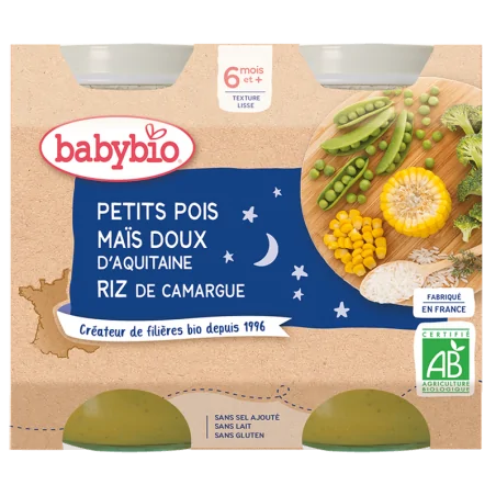 Babybio Petits Pois Maïs Doux d’Aquitaine Riz de Camargue 2x200g – Couleur naturelle et soin éclatant
