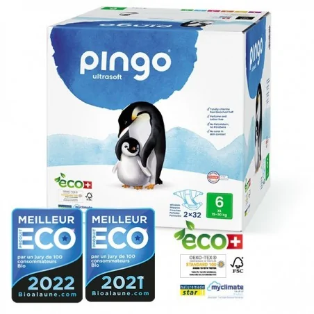PINGO COUCHES ÉCOLOGIQUES JETABLES JUMBO XL TAILLE 6 (15-30KG) 2X32 COUCHES