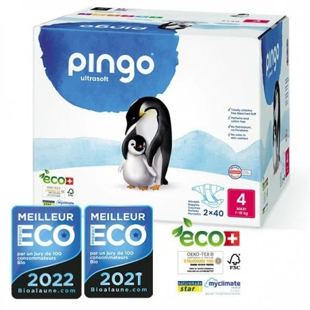 PINGO COUCHES ÉCOLOGIQUES JETABLES MAXI JUMBO TAILLE 4 (7-18KG) 2X40 COUCHES