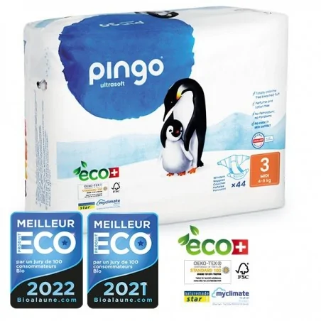 PINGO COUCHES ÉCOLOGIQUES JETABLES MIDI TAILLE 3 (4-9KG) 44 COUCHES
