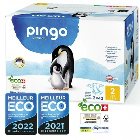 PINGO COUCHES ÉCOLOGIQUES JETABLES MINI JUMBO TAILLE 2 (3-6KG) 2X42 COUCHES