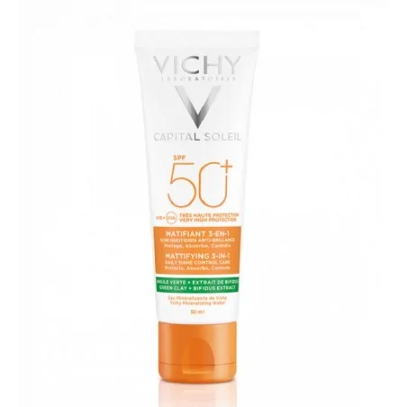 Vichy CAPITAL SOLEIL Matifiant 3-en-1 SPF 50+ Crème solaire – Couleur naturelle et soin éclatant