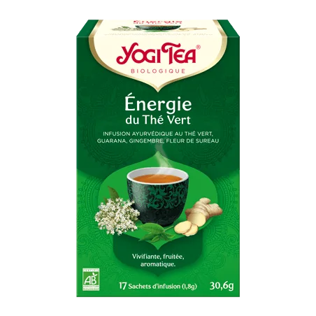 YOGI TEA Energie du thĂ© vert 17x 2g (ThĂ© vert, citronnelle, guarana, menthe poivrĂ©e, gingembre) â Couleur naturelle et soin Ă©clatant